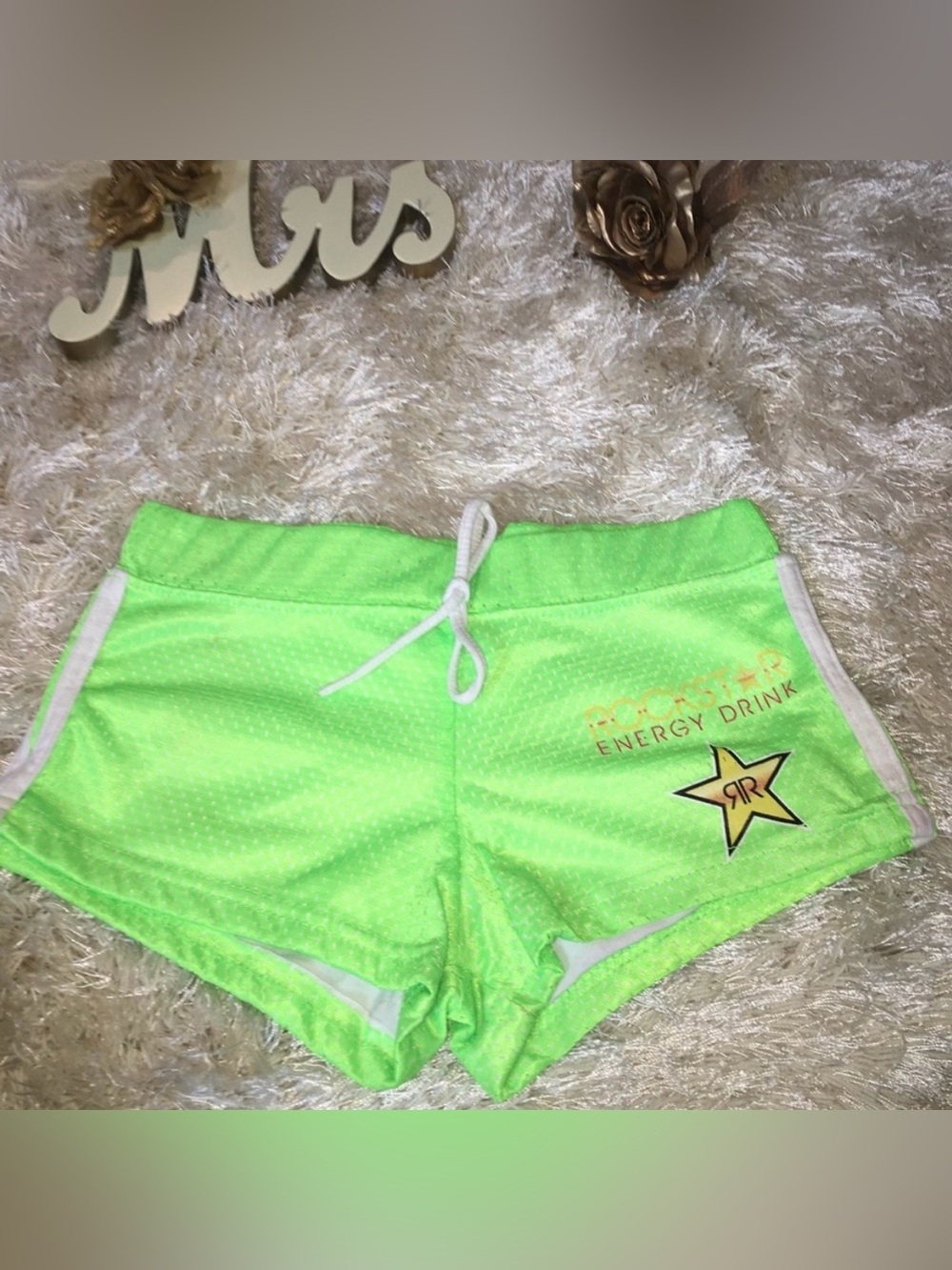 Rockstar Energy Drink Neon Green White Striped Athletic Sports Jersey Shorts S💚